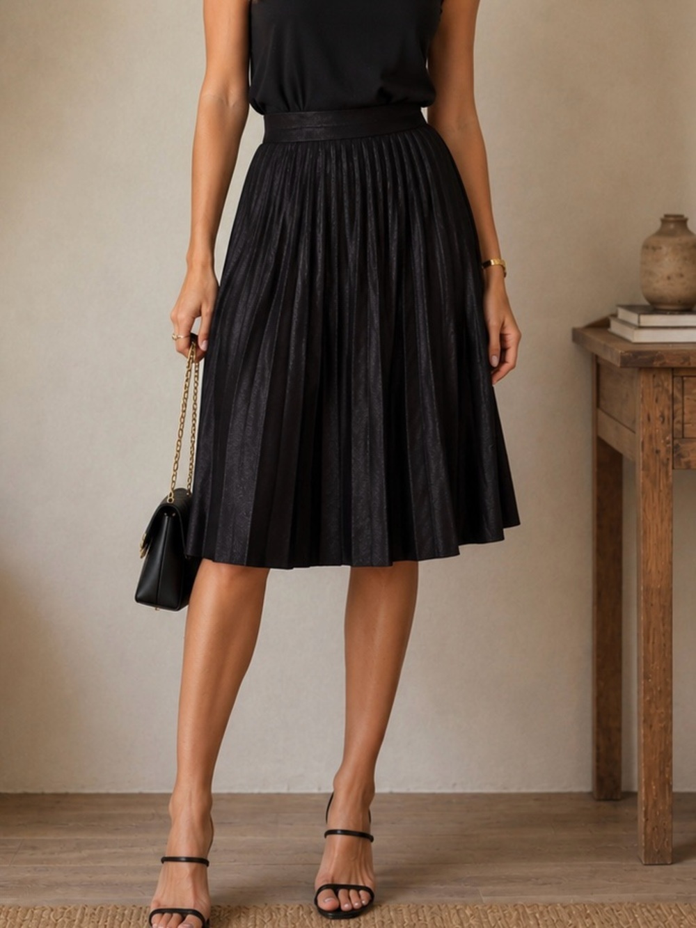 Simply Styled Black Pleated Midi Skirt